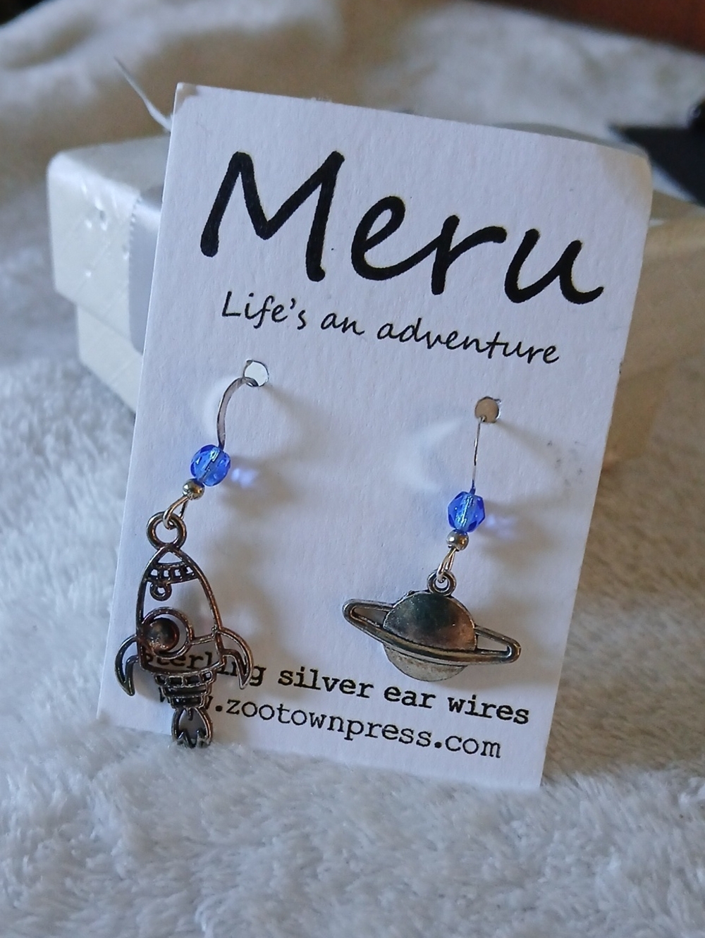 🎵 Meru Silver Rocket & Planet Dangle Earrings with Blue Beads - NWT ON CARD